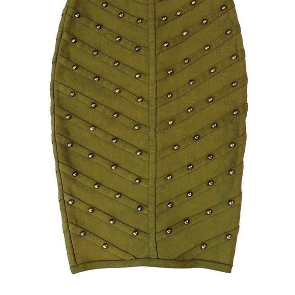 Olive Green Sleeveless Halter Mesh Ribbed Bodycon Bronze Studded Dress Sz Small - Picture 4 of 7